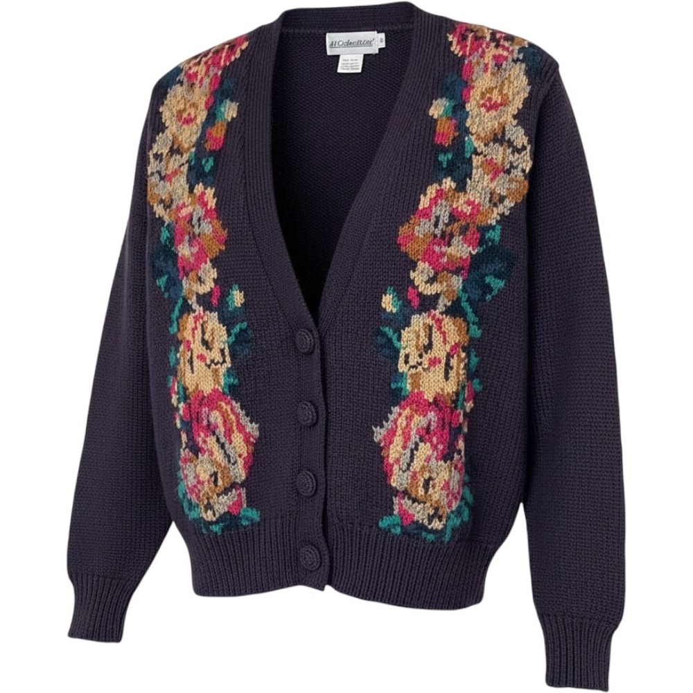 JH Collectibles Vintage 100% Wool Floral Cardigan Sweater Navy Blue Size S 94963
